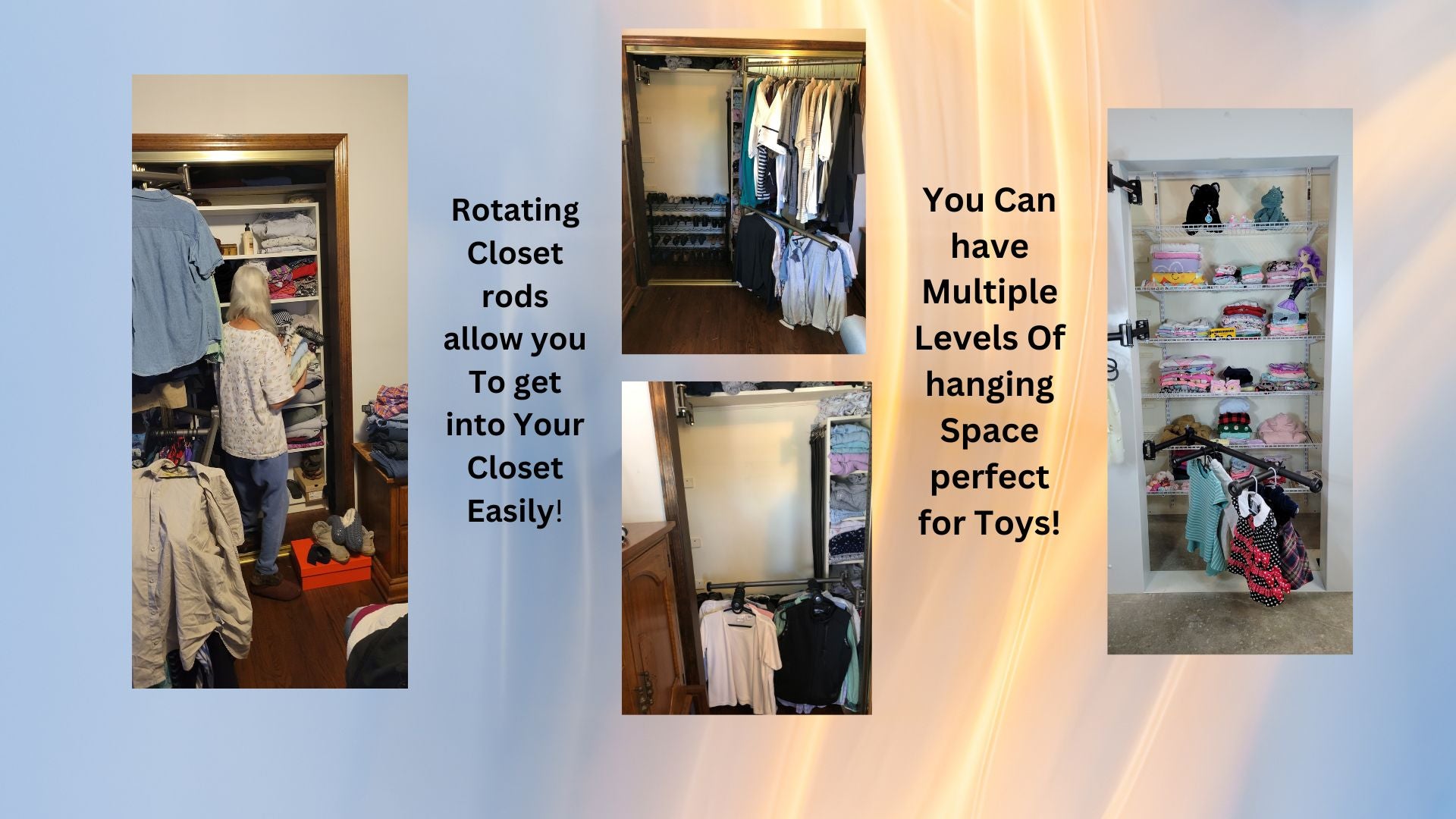 Mother accessing her closet with Clever Closet Rods, demonstrating easy closet organization and accessibility