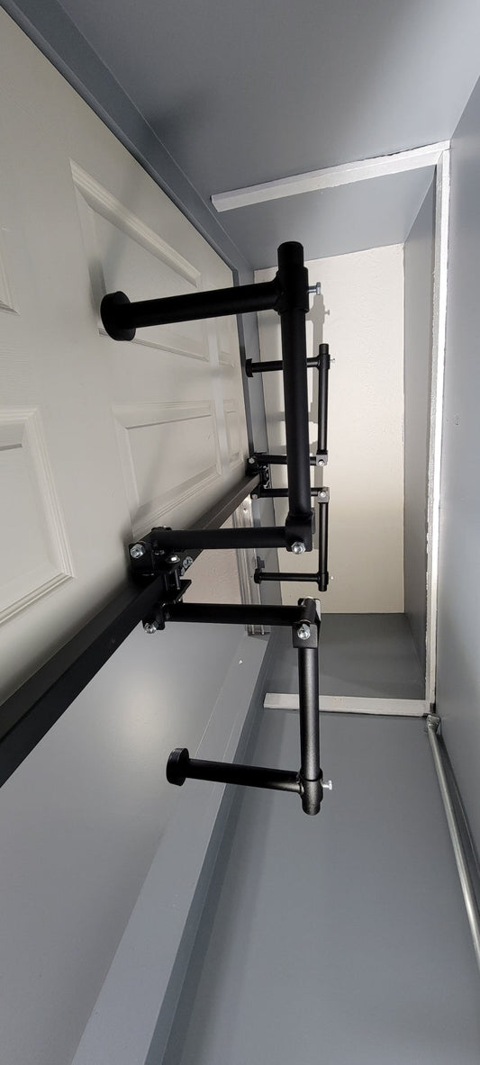 Image of a small apartment closet before and after installation of the Clever Closet Rod System, showing increased storage capacity.