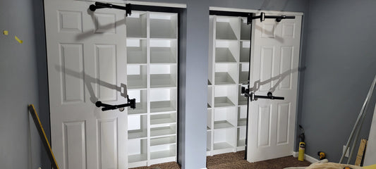 Image of the Clever Closet Rod System installed in a small closet, showcasing rotating rods and multi-level hanging space.