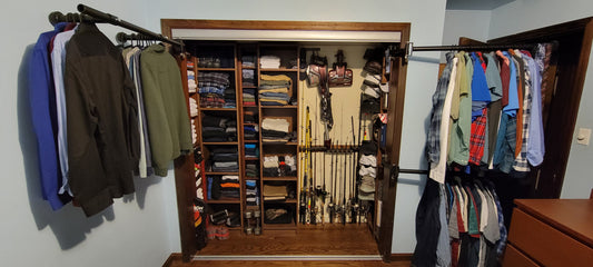 Image of sports gear like golf clubs, skis, and helmets organized using the Be Clever Closet Rod System in a closet.