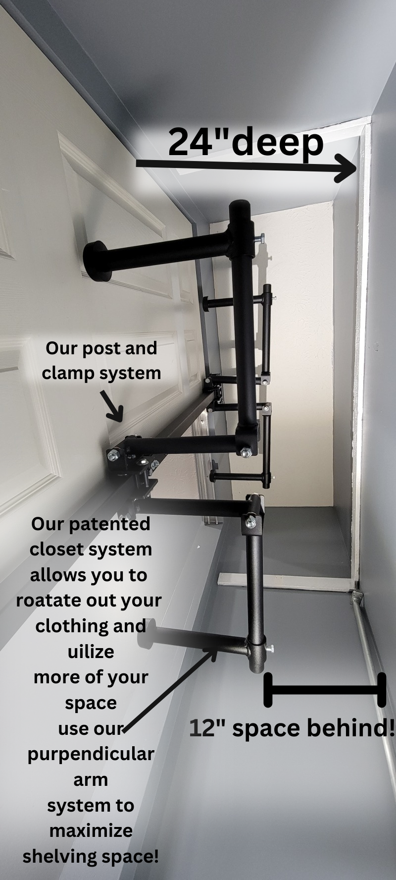 Visual of Clever Closet Rods installed on a door jamb or post, showing clothes swung out from a 24" deep closet.