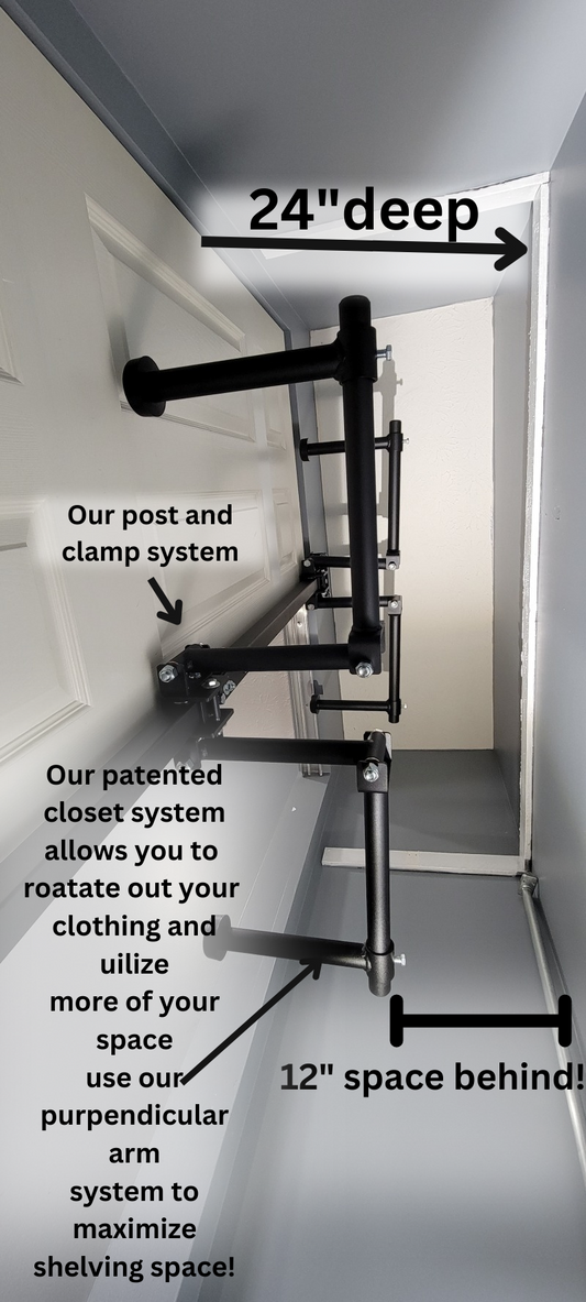 Visual of Clever Closet Rods installed on a door jamb or post, showing clothes swung out from a 24" deep closet.