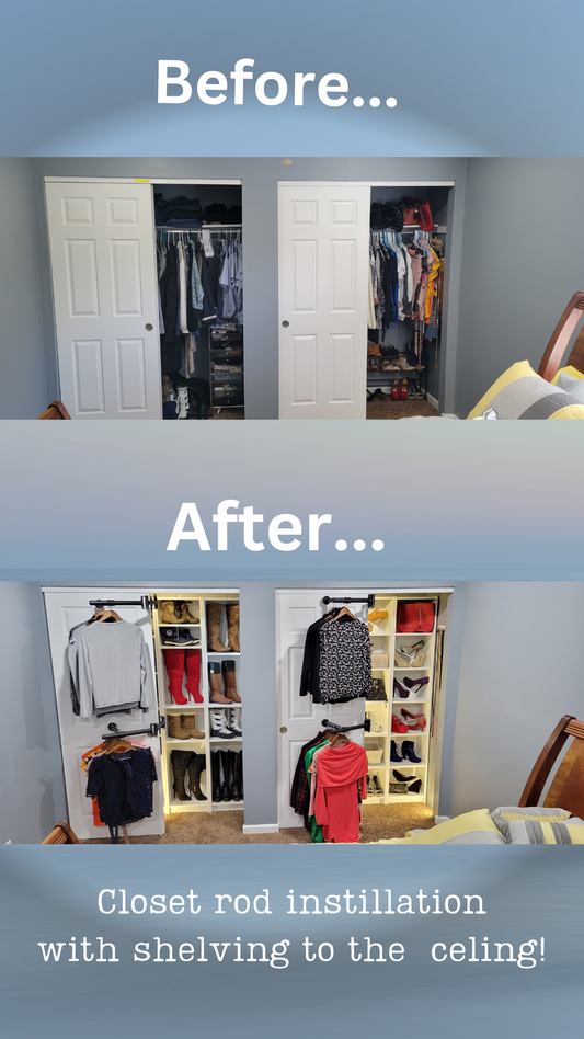 Image of a small closet transformed with CleverClosetRods, showing clothes rotated out for easy access.