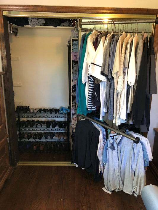 Image showcasing a narrow closet before and after using the Clever Closet Rod System, demonstrating space utilization.