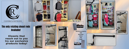 Image of clothes on Be Clever rotating closet rods in a small space, illustrating before and after space utilization.