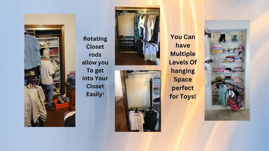 Rotating Clever Closet Rods in a small closet showcasing efficient organization, maximized space, and innovative design for home storage."