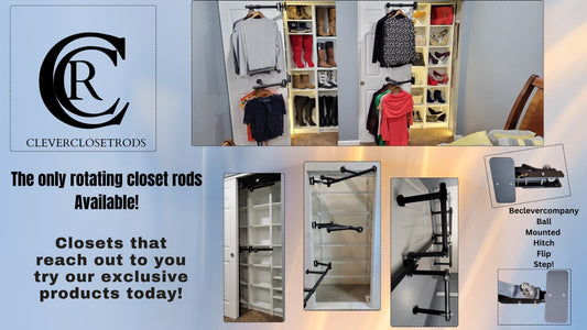 Clever Closet Rod System installed in a small bedroom closet, showing multi-level storage and rotating rods for easy access.