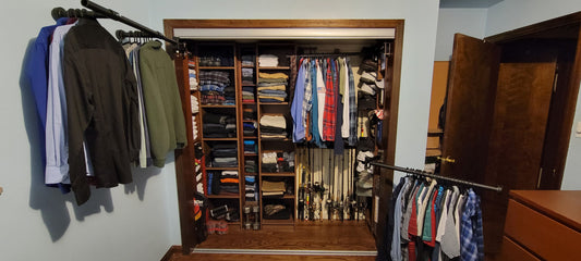 CleverClosetRods system showing clothes rotated out of a 24" closet, revealing shelving options.
