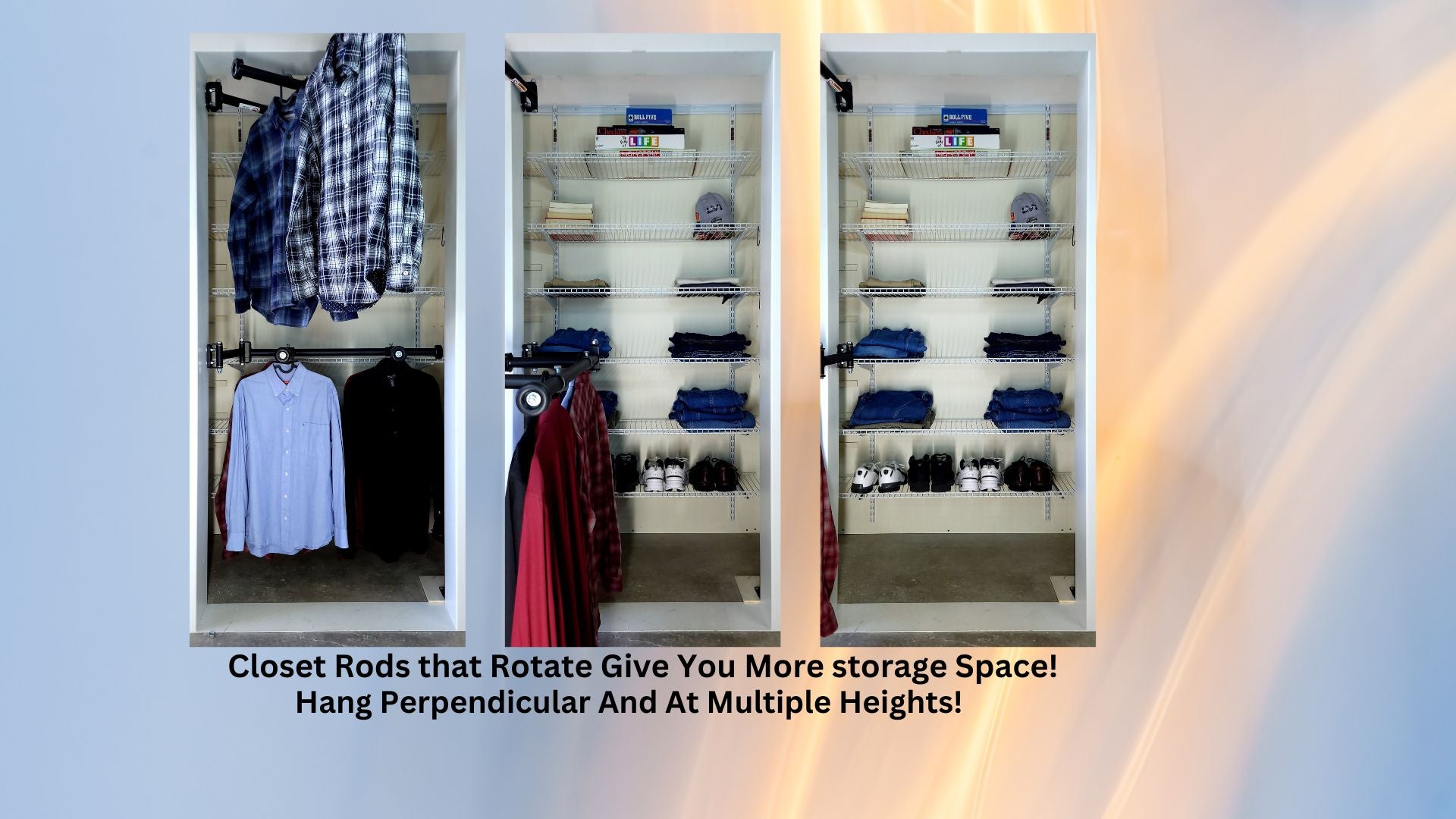 Multi-level hanging application using Clever Closet Rods, maximizing closet storage and organization