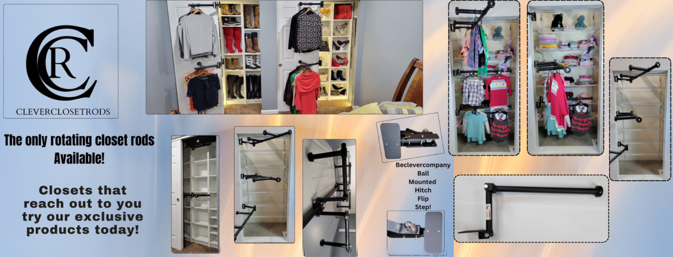 Discover the ultimate closet organization with Be Clever Company. Featuring multi-level hanging, standard and perpendicular closet rods, and shelving for versatile storage