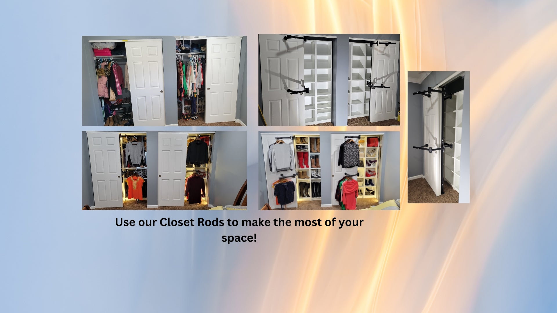 Organized closet with Clever Closet Rods, shelving, and multi-level hanging for optimized space.