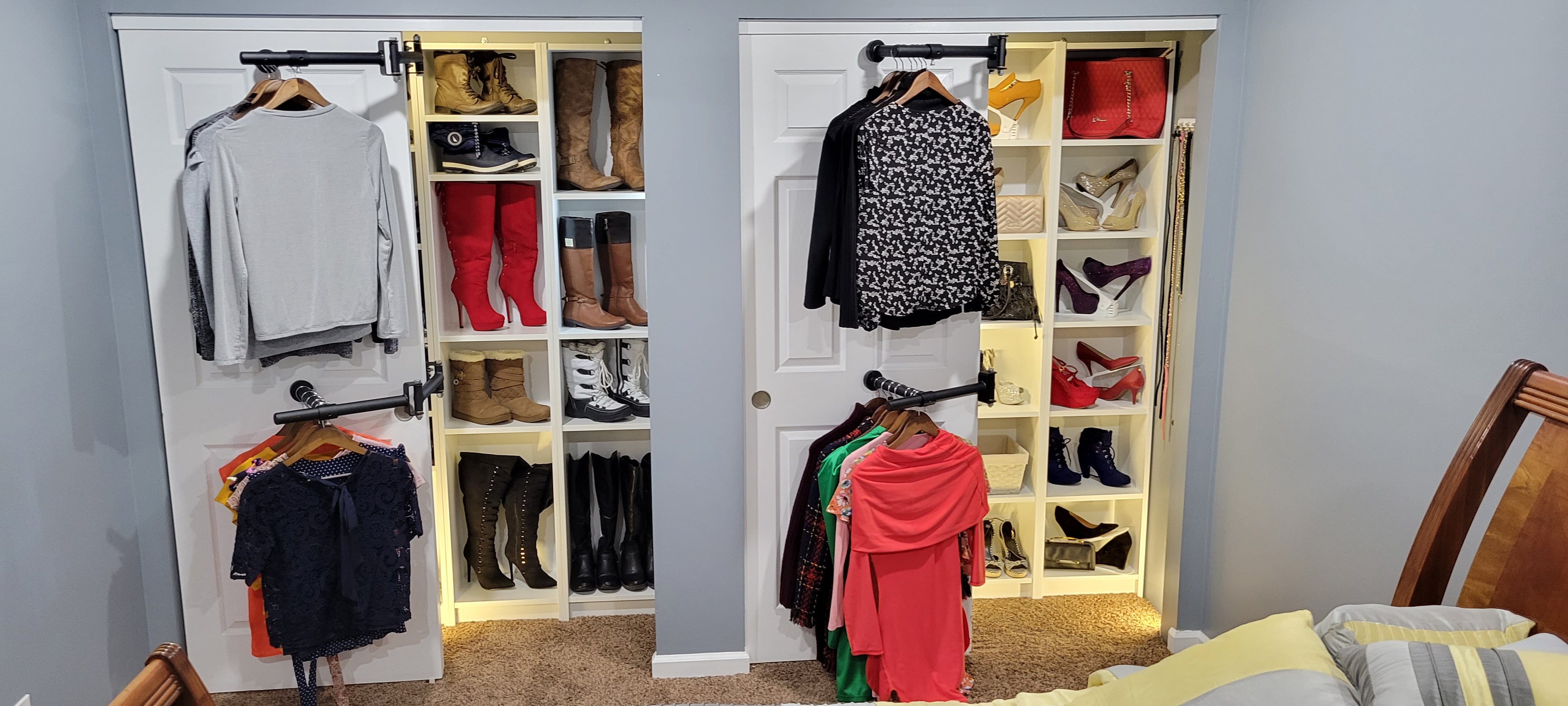 Standard 24 inch deep closet with 2 foot doors and Center post With Clever Closet Rods on each side standard 6 foot closet openings 42 feet of shelving space !